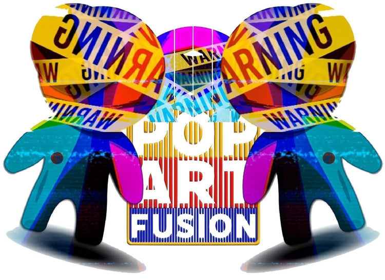 Colorful pop art style bear figures with overlapping 'WARNING' tape and 'Pop Art Fusion' text