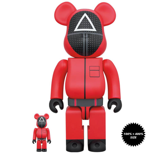 Pop Art Fusion - PopArtFusion - Medicom Toy BE@RBRICK Squid Games ▲ Red Guard, Two-Piece (100% and 400%) set box by Medicom Toy (Limited Edition Art Toy Collectible) 4530956602585 popartfusion.com by Conectid